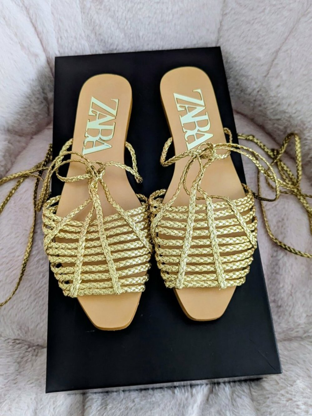 Zara Gold Braided Lace-Up Flat Sandals size 38